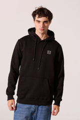 Men’s black slim fit plain hoodie with front pouch pocket and small chest logo by tomato store.