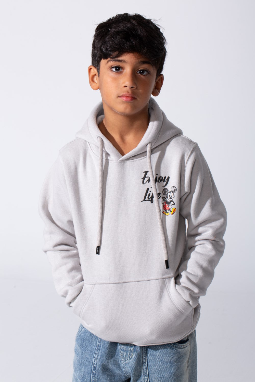 Slim Fit Boys Hoodie Melton in grey with Mickey Mouse graphic and Enjoy Life text by tomato store.