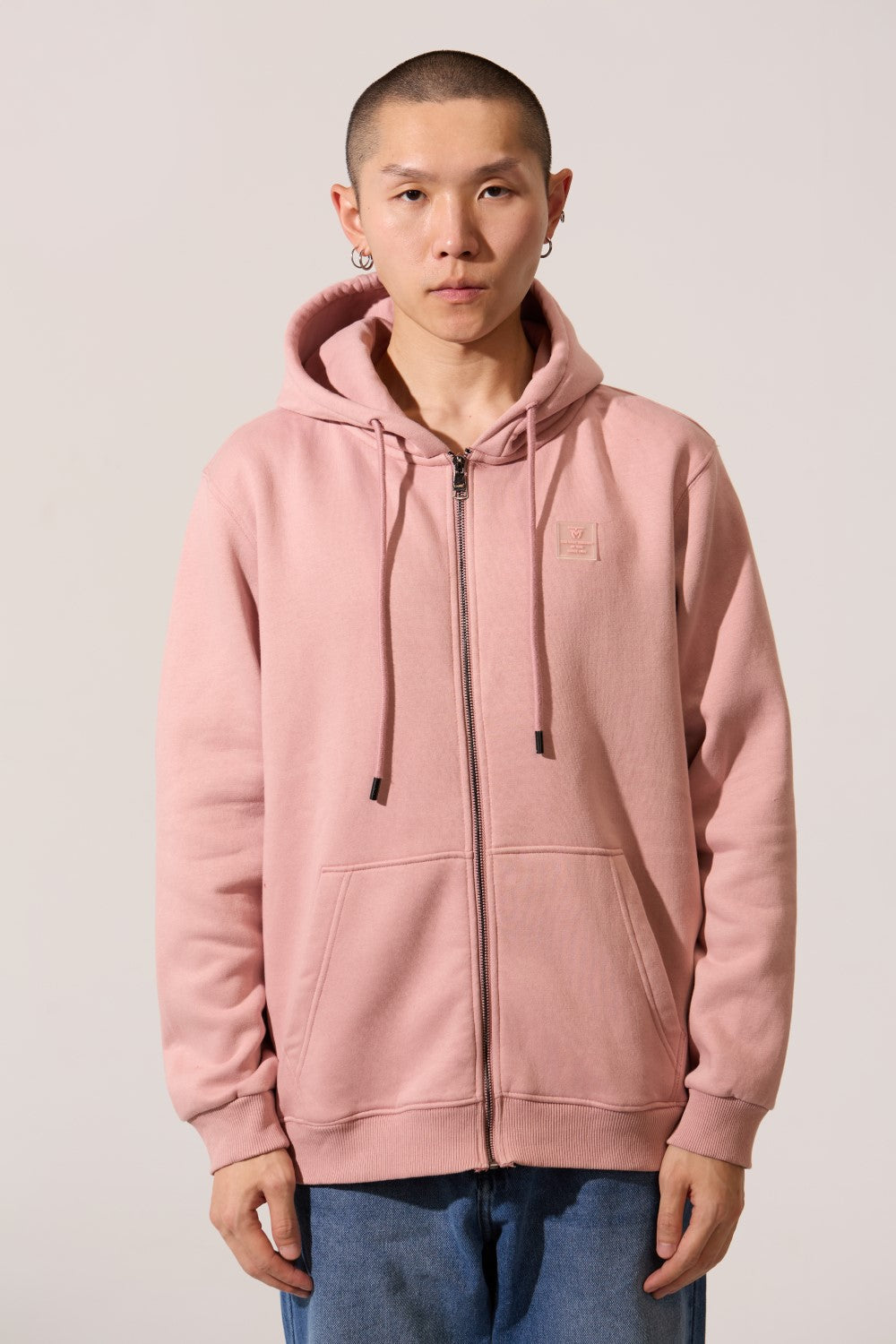 Men’s Full Zip Hoodie in dusty rose with a draw cord hood and relaxed fit by tomato store.