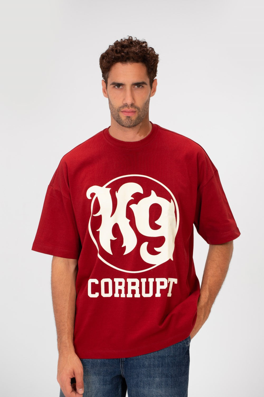 Men's oversized wine red cotton t-shirt with white CK9 dual print graphic from tomato store.