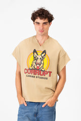 Men’s Graphic Street Raw Cut Sleeves Bold Dog Print T-Shirt