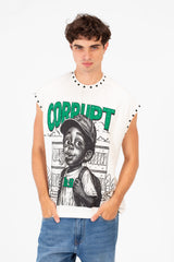 Men’s Metal Rivet Neck Detail Bold Front Graphic Kid T-Shirt