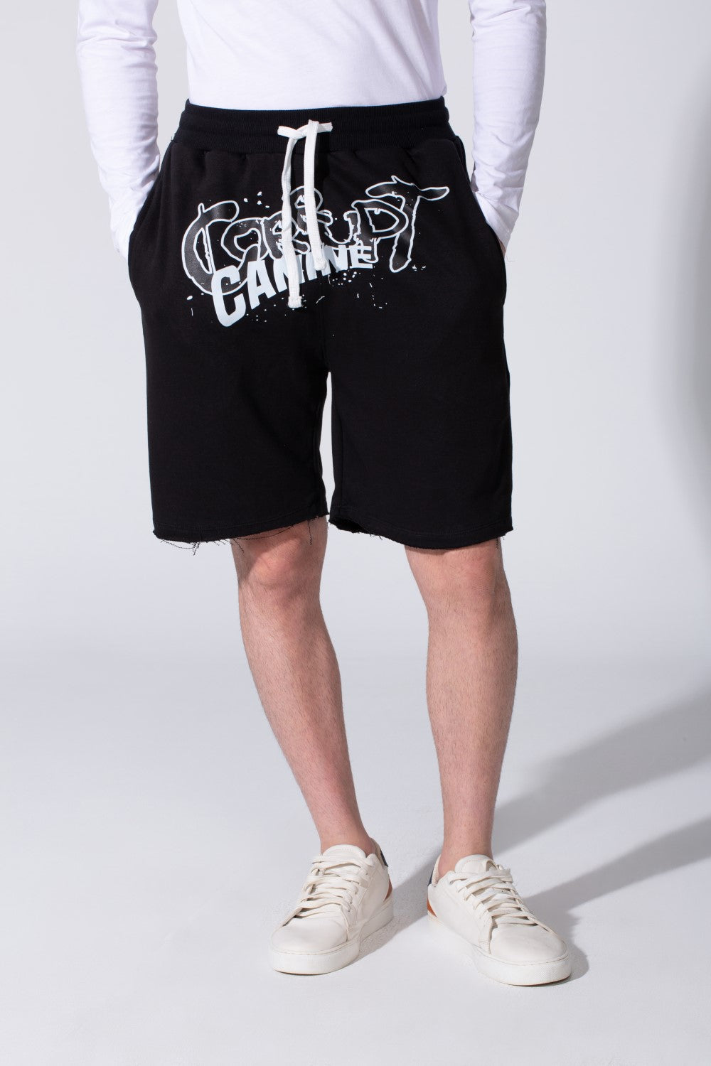 Men’s black raw hem cutoff shorts with a bold white CK9 logo print by tomato store.