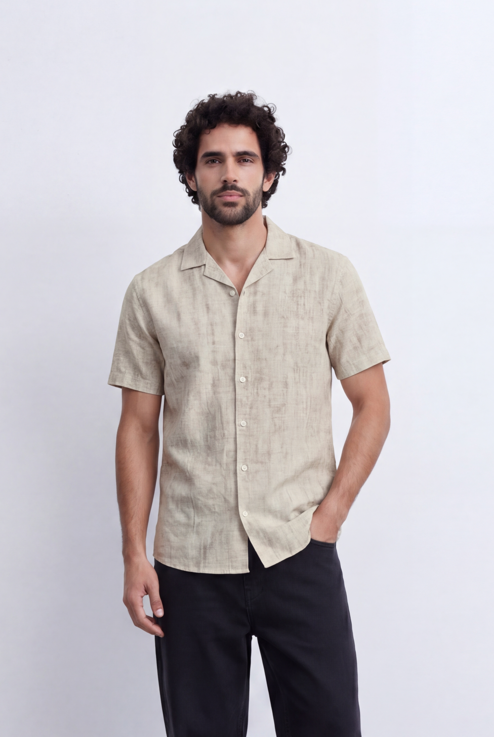 Men’s Linen Blend Shirt Short Sleeve in beige with a relaxed fit and camp collar by tomato store.