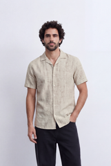 Men’s Linen Blend Shirt Short Sleeve in beige with a relaxed fit and camp collar by tomato store.