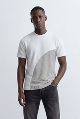 Men’s Textured Panel T-Shirt Contrast Stripe Detail Modern