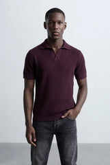 Tomatos Men's Textured Knit Polo Shirt | Open Collar Tee