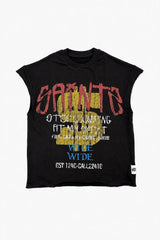 A black sleeveless crop top t-shirt featuring a distressed graphic print with the word 'SAINTS' in red, a yellow '15' with 'WIDE' underneath, and white text reading 'STOP LEAVING FIT MY WAY' and 'WIDE'.