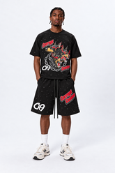 Men's black oversized t-shirt with a graphic of three chained Dobermans with red eyes and flames.