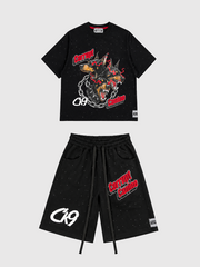 Black t-shirt and shorts set with a graphic of three Dobermans, chains, and the text "Corrupt Canine" and "CK9".