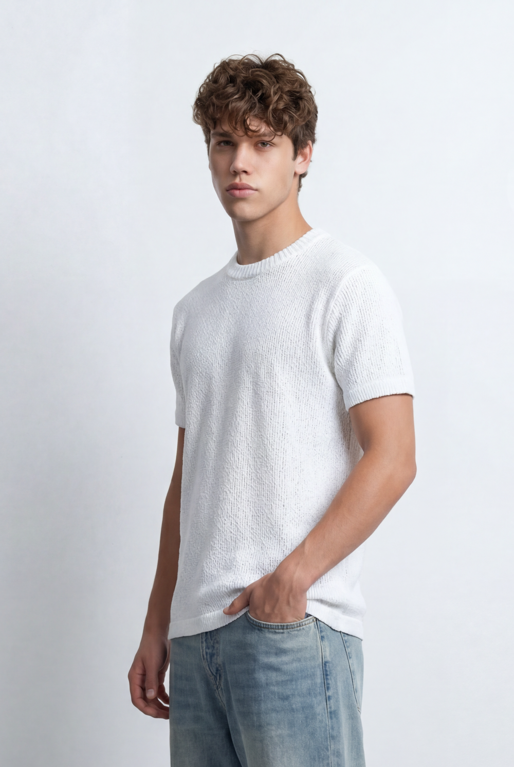 Men’s Open Knit T-Shirt Airy Texture Weave Design