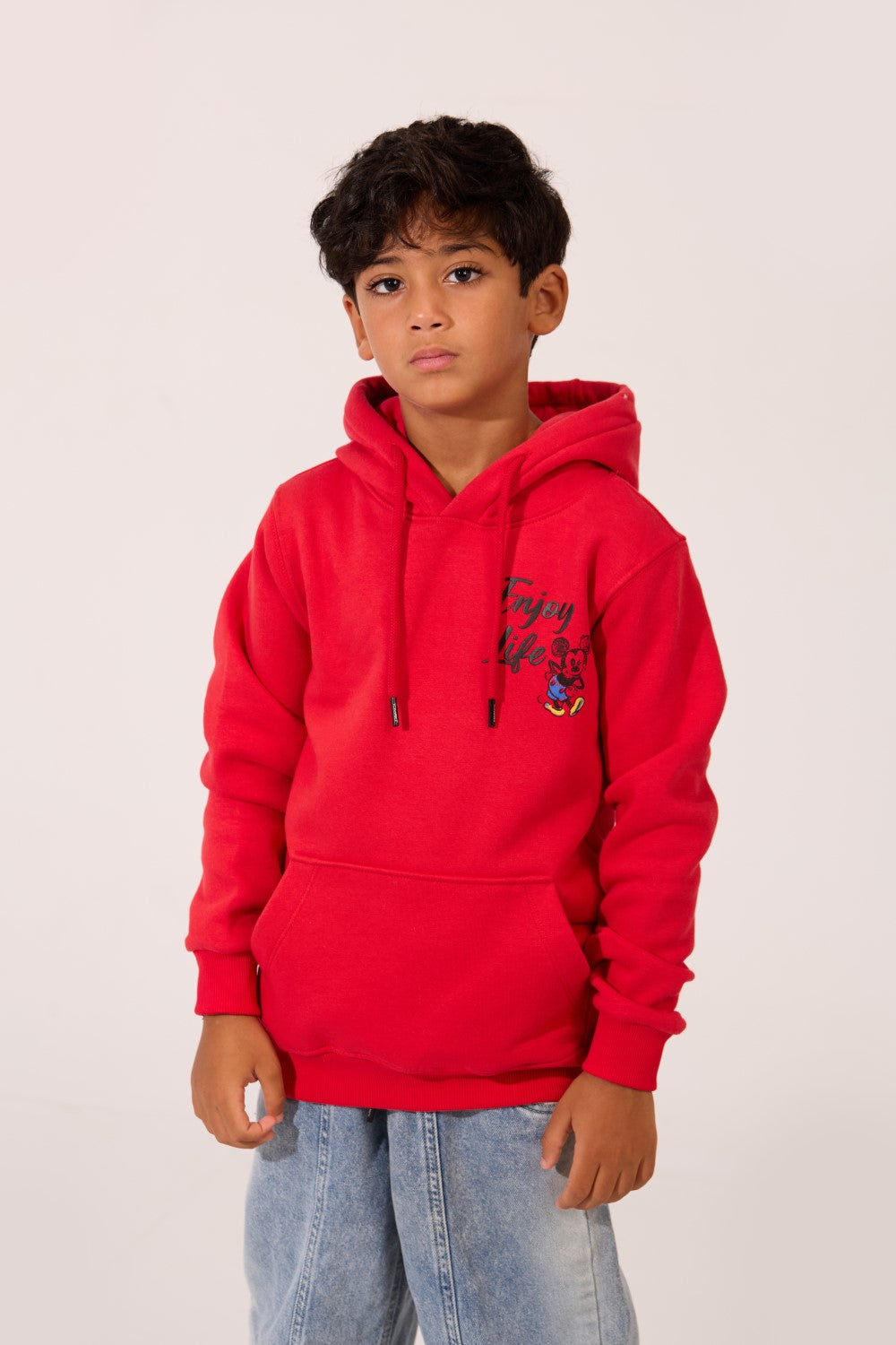 Boy's Slim Fit Hoodie in red with Mickey Mouse graphic and 'Enjoy Life' text by tomato store.
