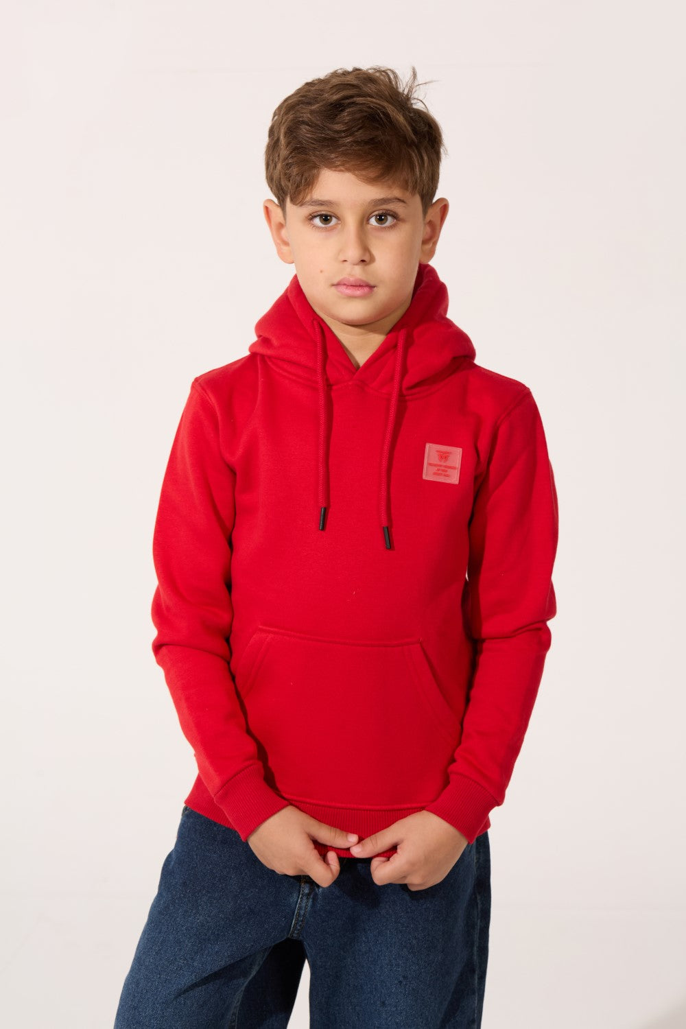 Tomato Plain Slim Fit Boy's Hoodie in vibrant red with a front pocket and logo by tomato store.