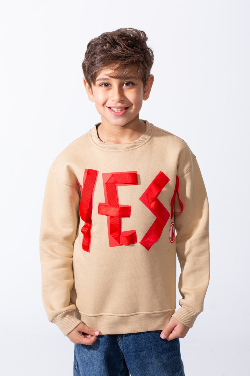 Boy's Front Yes Print Oversize Crew Neck Sweatshirt