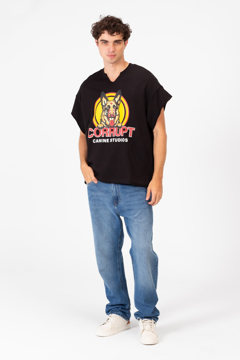 Men’s Graphic Street Raw Cut Sleeves Bold Dog Print T-Shirt