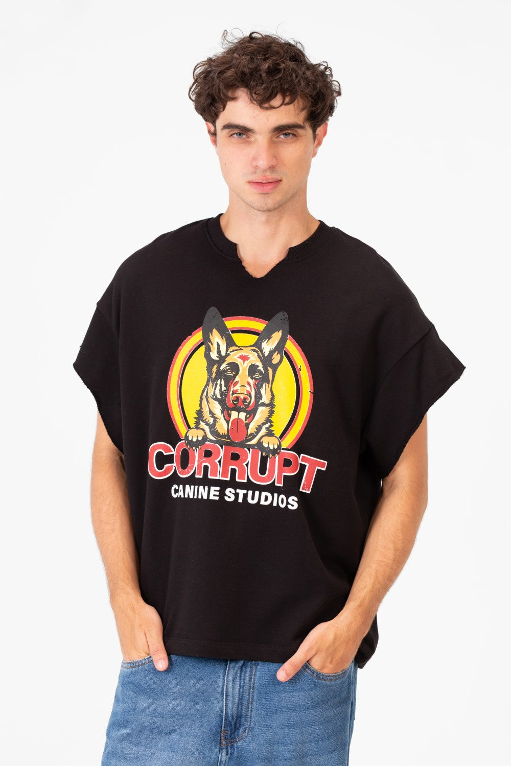 Men’s Graphic Street Raw Cut Sleeves Bold Dog Print T-Shirt