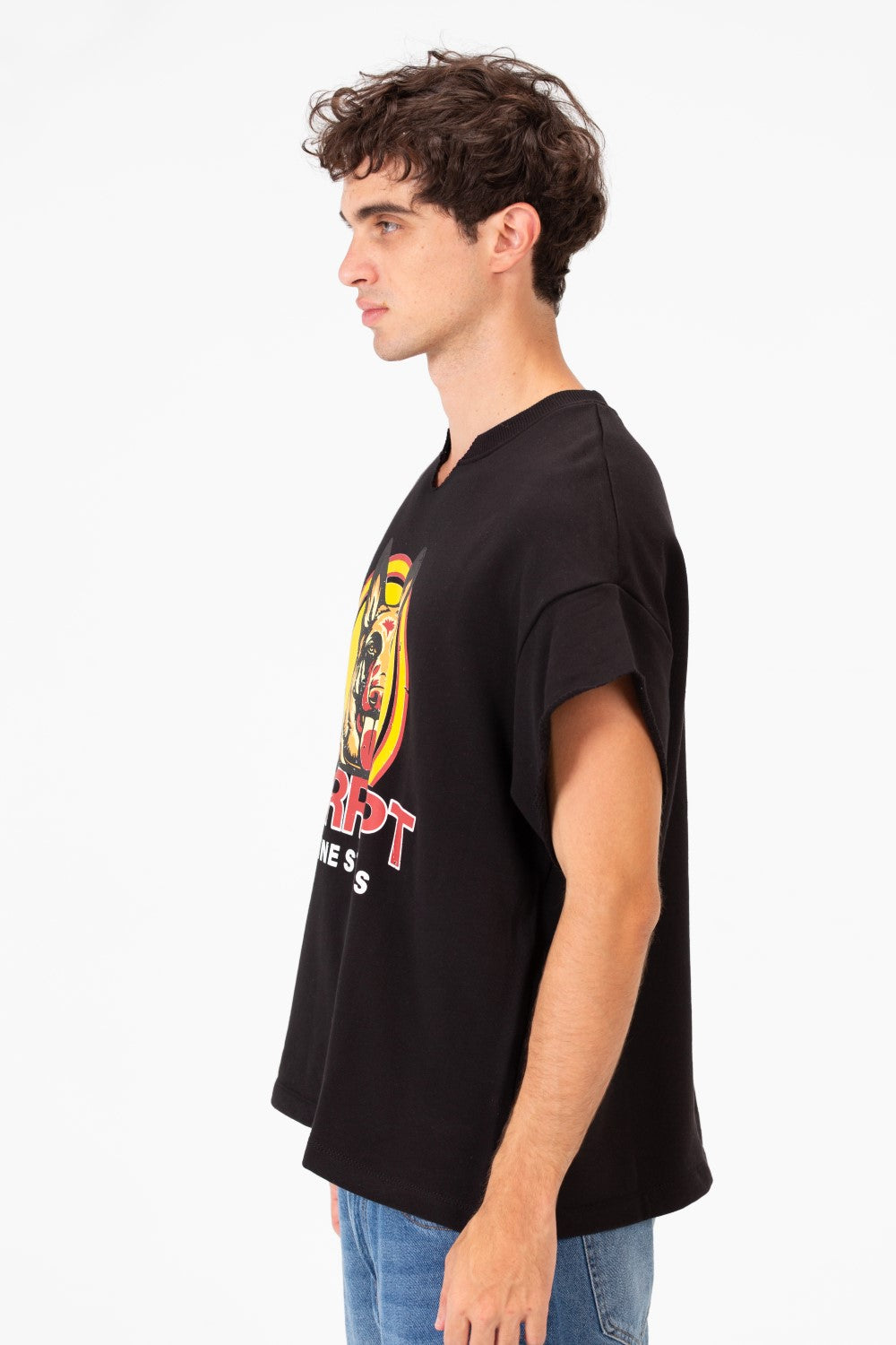 Men’s Graphic Street Raw Cut Sleeves Bold Dog Print T-Shirt