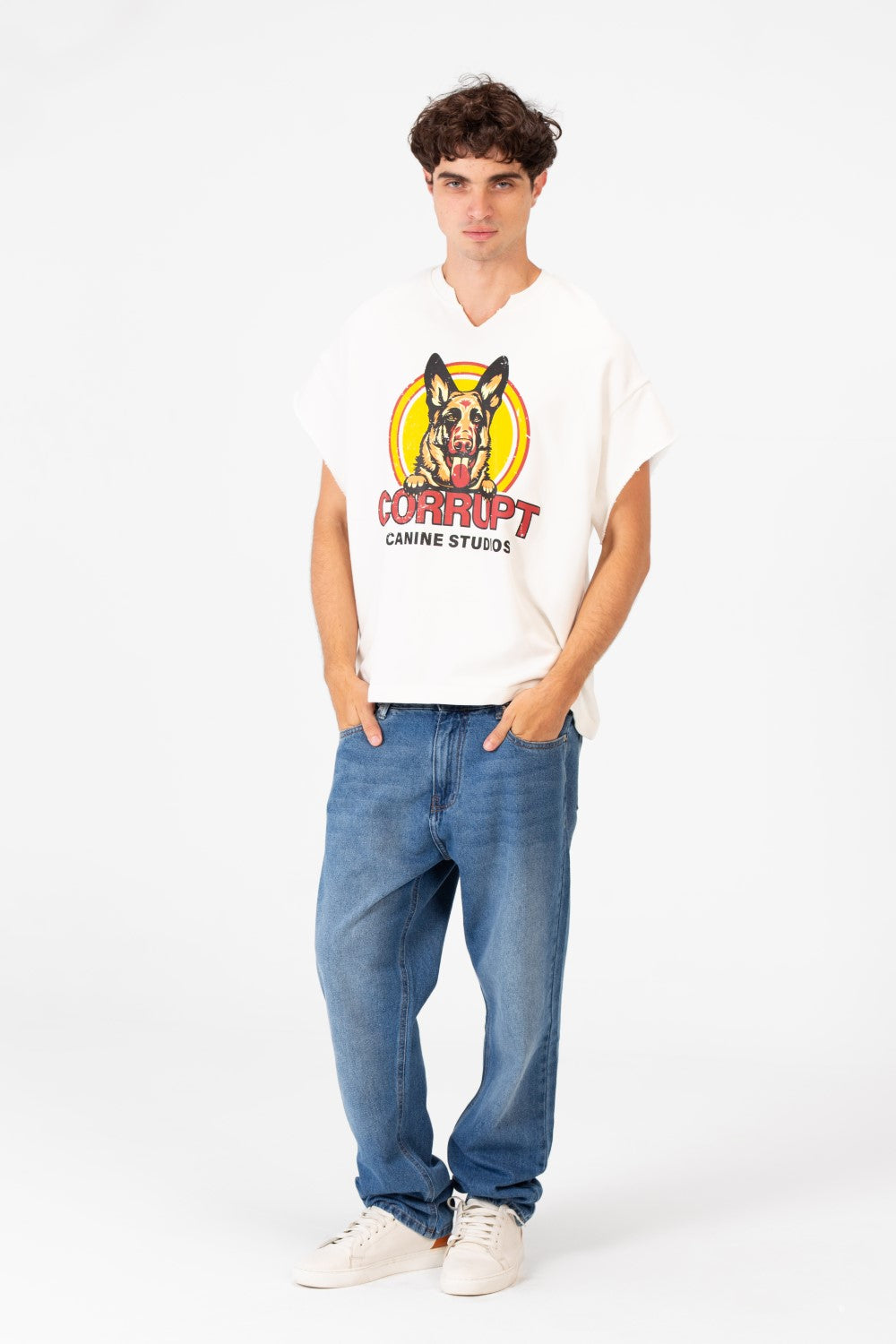 Men’s Graphic Street Raw Cut Sleeves Bold Dog Print T-Shirt