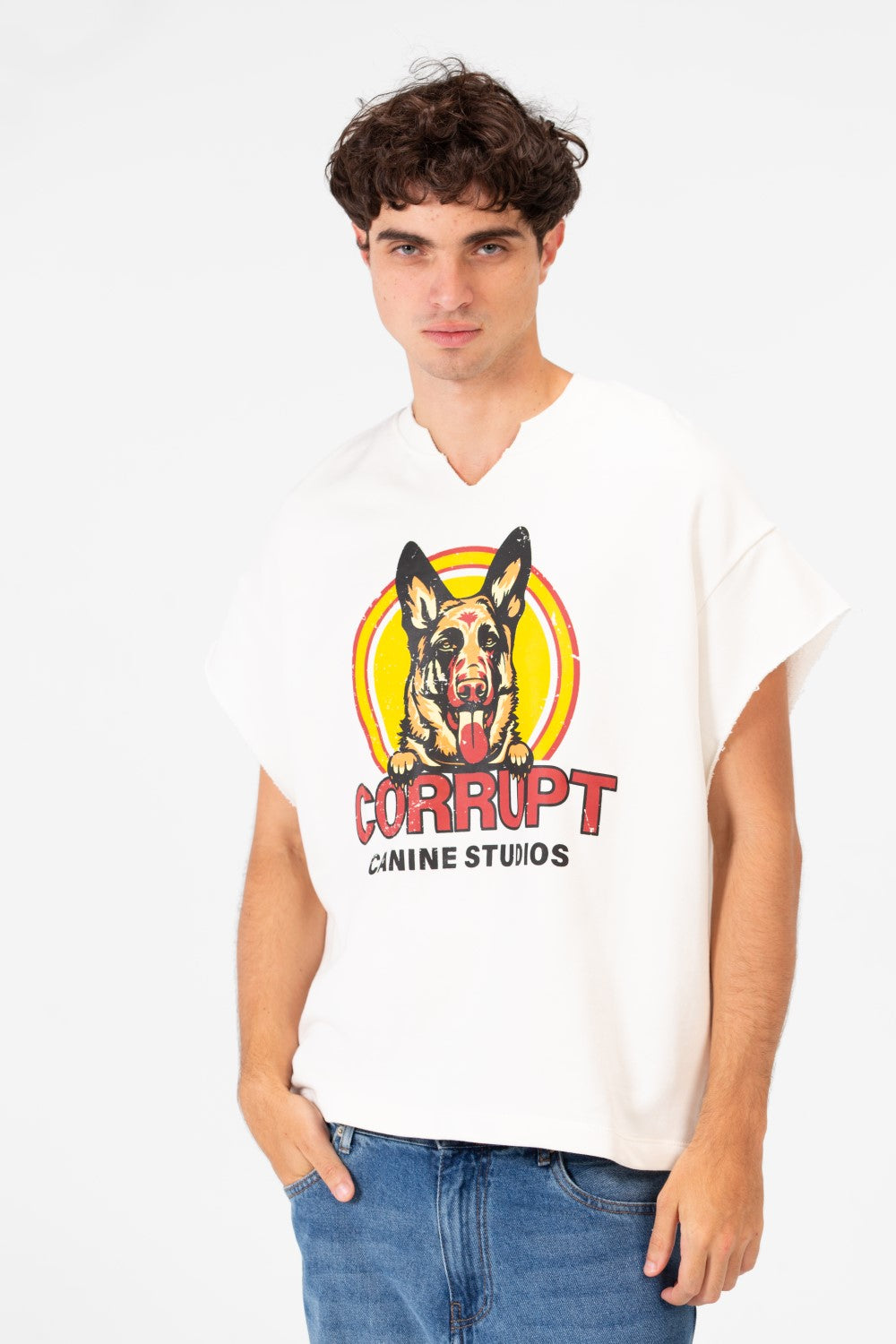 Men’s Graphic Street Raw Cut Sleeves Bold Dog Print T-Shirt