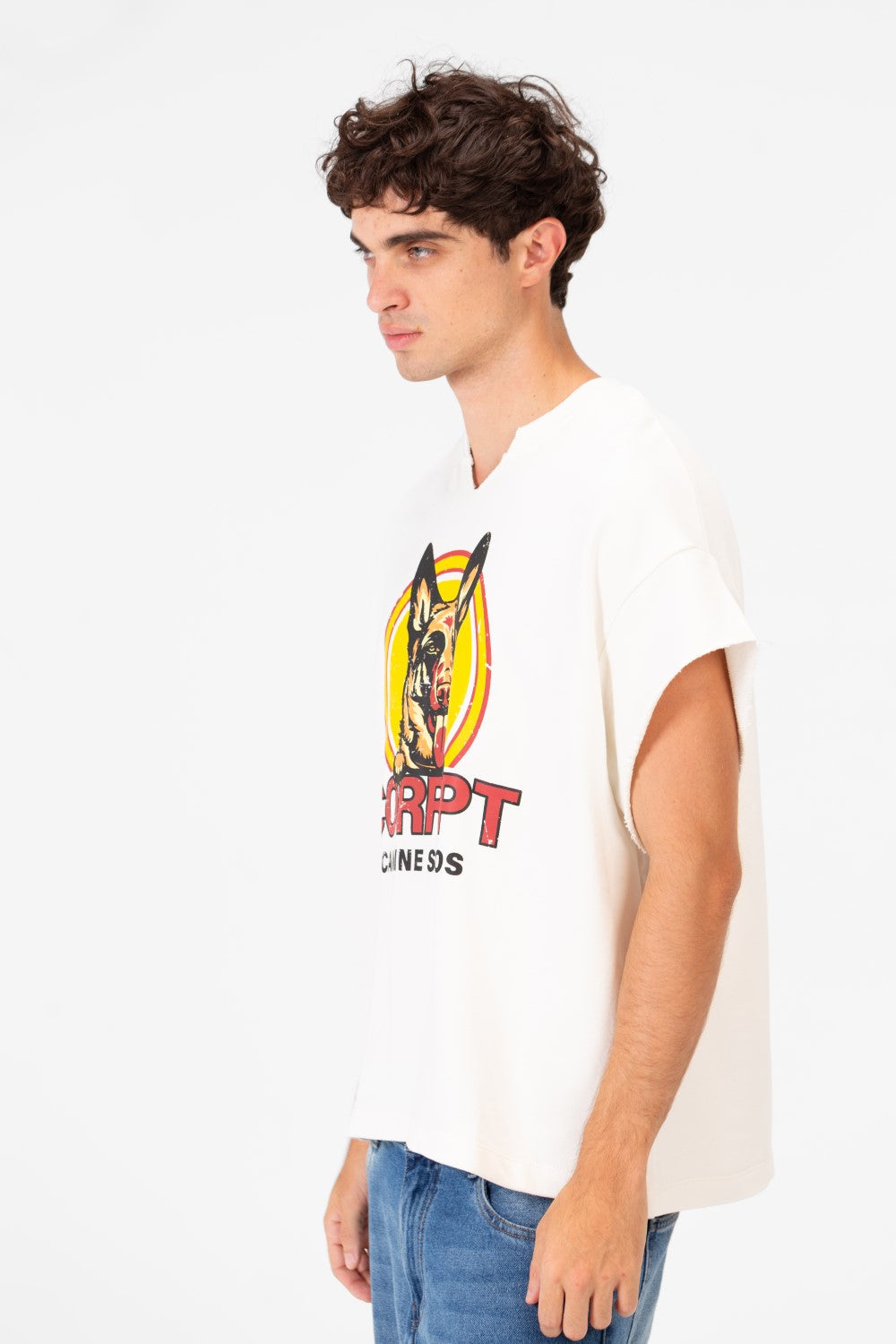 Men’s Graphic Street Raw Cut Sleeves Bold Dog Print T-Shirt