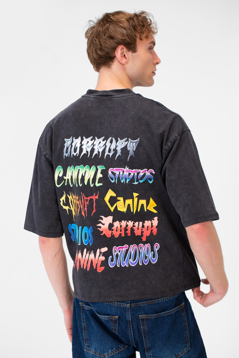 Men’s Back Graphic T-Shirt Acid Wash Finish Multi Logo
