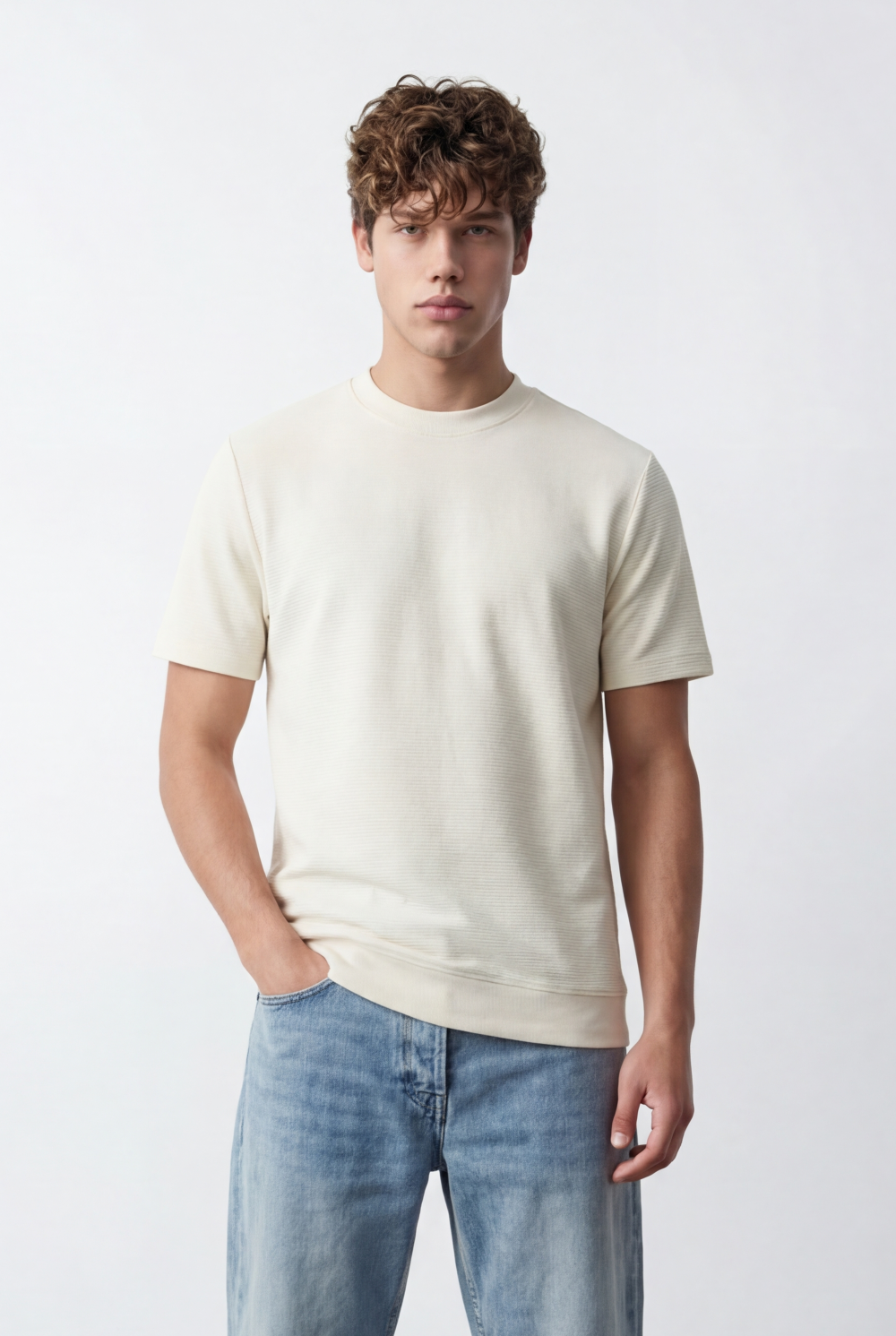 Men’s Fine Ribbed Surface Detail Basic Feel T-Shirt