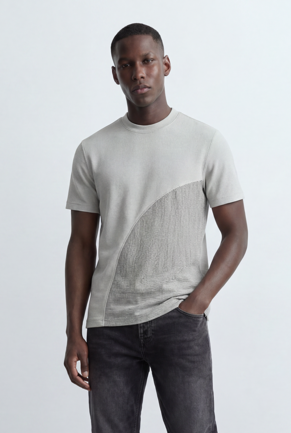 Men’s Textured Panel T-Shirt Contrast Stripe Detail Modern