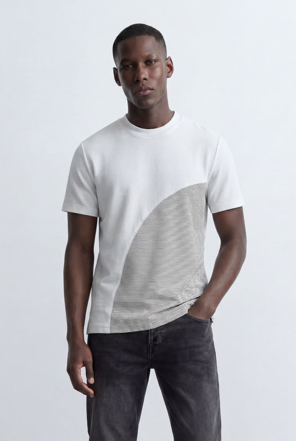 Men’s Textured Panel T-Shirt Contrast Stripe Detail Modern