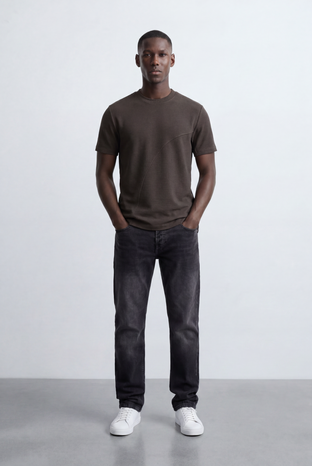 Men’s Textured Panel T-Shirt Contrast Stripe Detail Modern