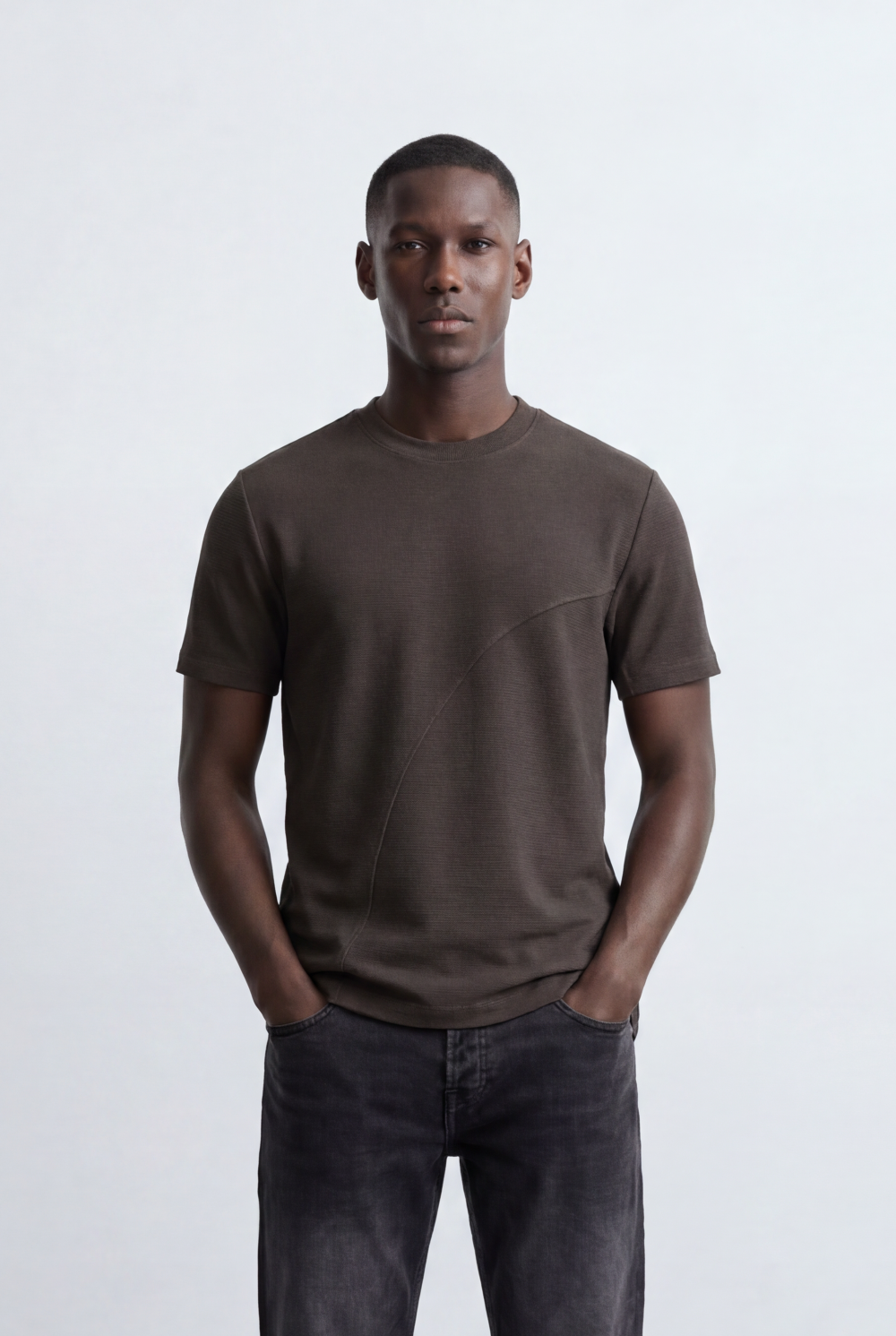 Men’s Textured Panel T-Shirt Contrast Stripe Detail Modern