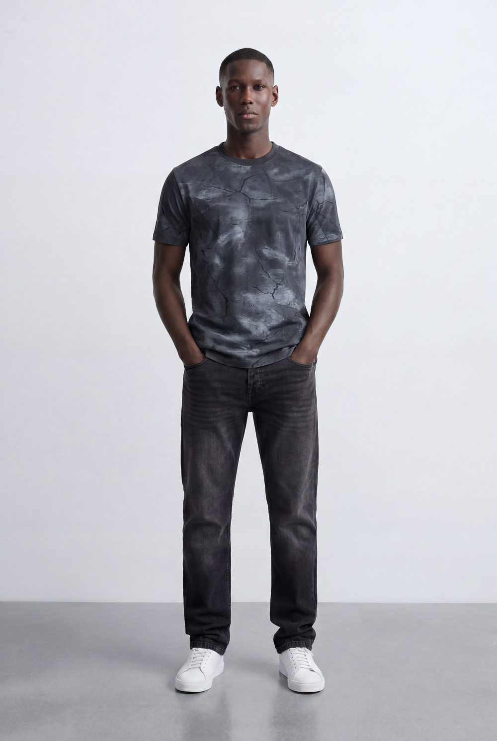 Men’s Acid Wash T-Shirt Crack Texture Print  Slim Fit