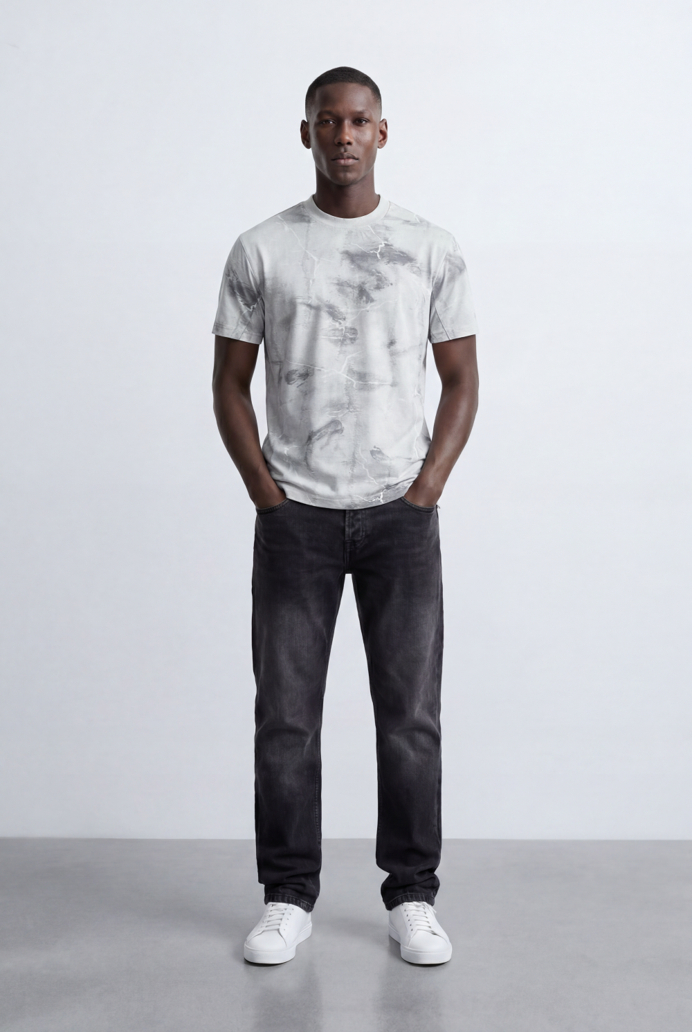 Men’s Acid Wash T-Shirt Crack Texture Print  Slim Fit
