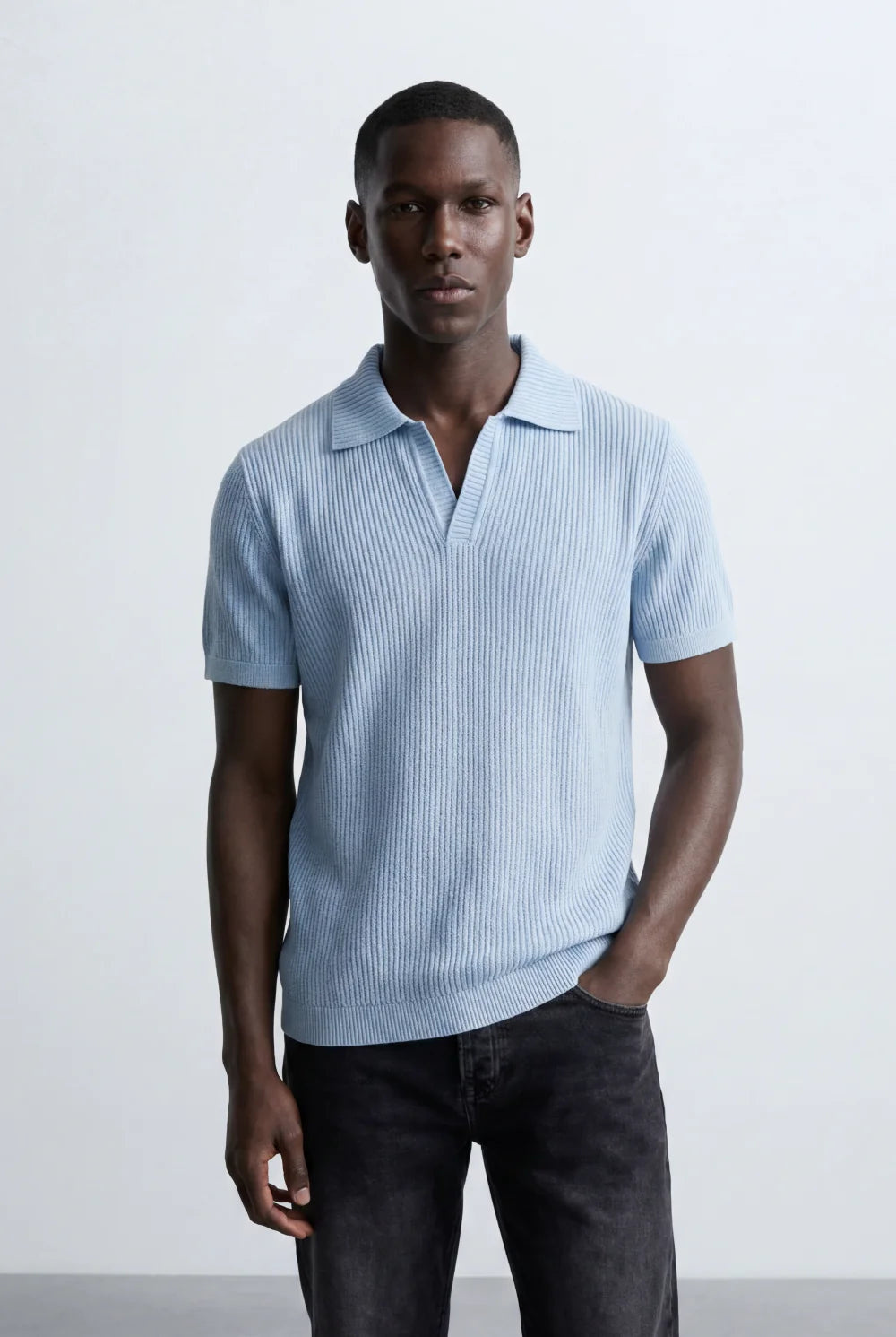 Tomatos Men's Textured Knit Polo Shirt | Open Collar Tee
