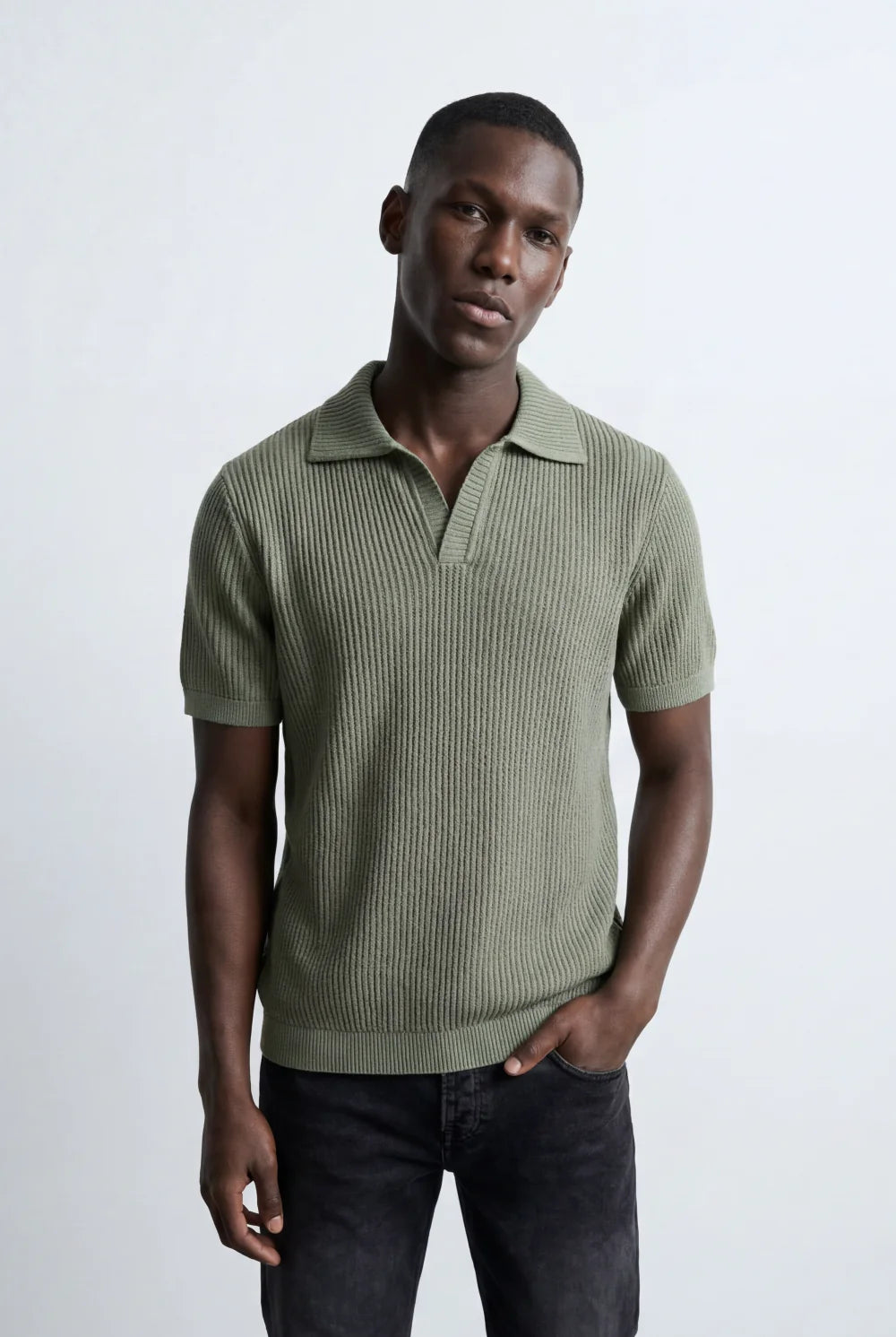 Tomatos Men's Textured Knit Polo Shirt | Open Collar Tee