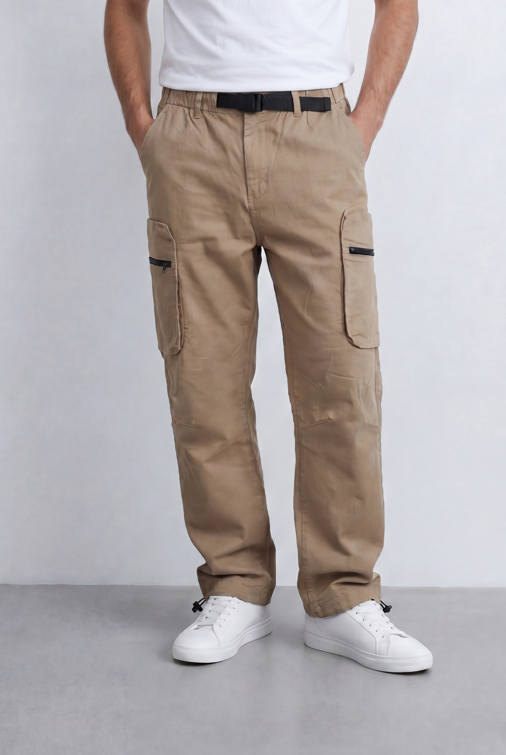 Men’s Utility Cargo Pants Adjustable Belt Zip Pocket Detail