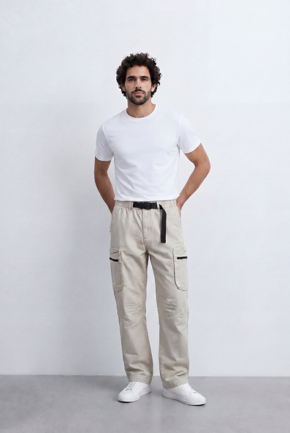 Men’s Utility Cargo Pants Adjustable Belt Zip Pocket Detail
