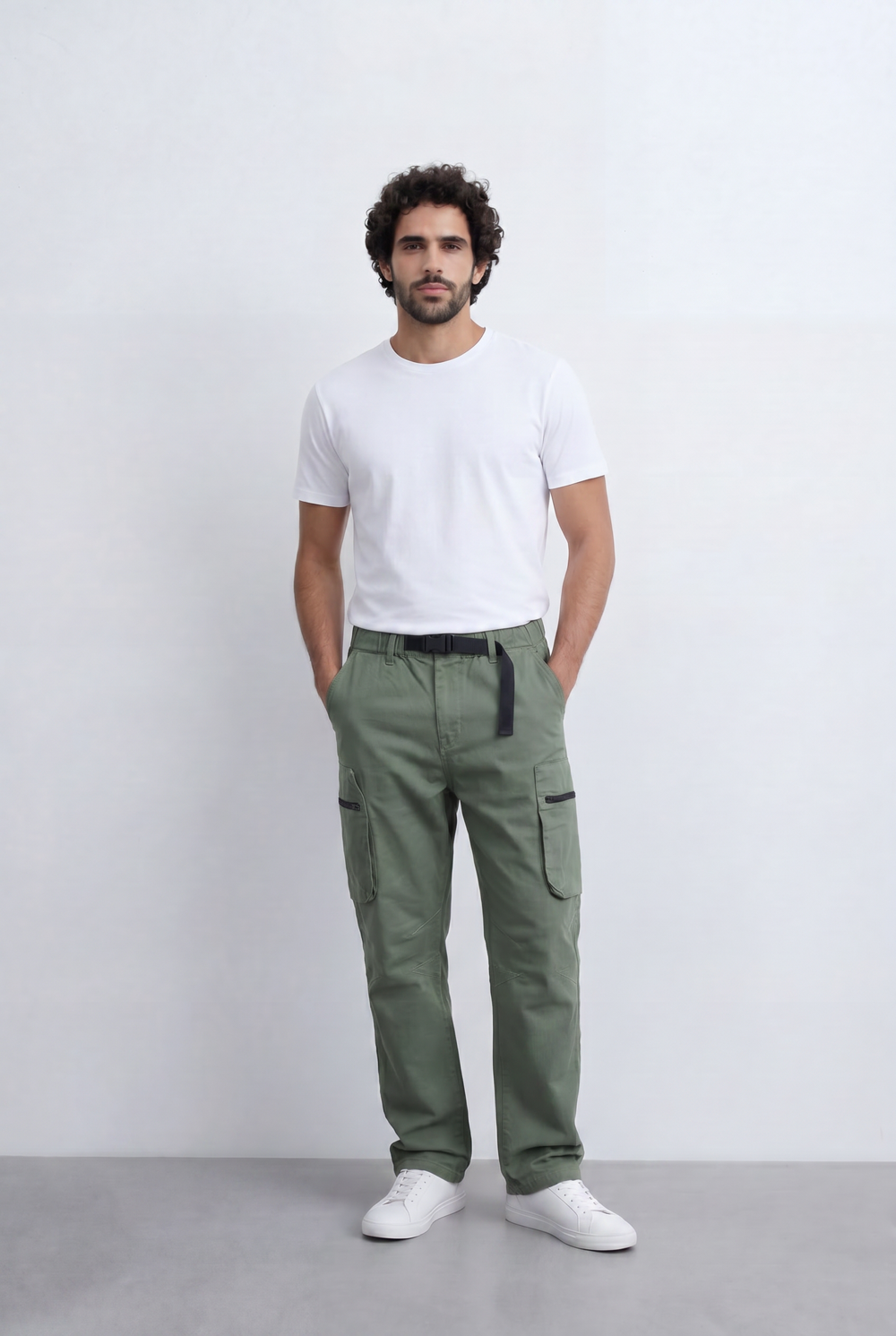 Men’s Utility Cargo Pants Adjustable Belt Zip Pocket Detail