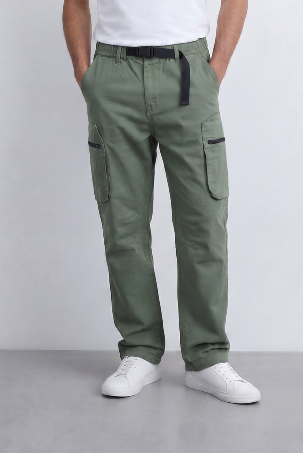 Men’s Utility Cargo Pants Adjustable Belt Zip Pocket Detail
