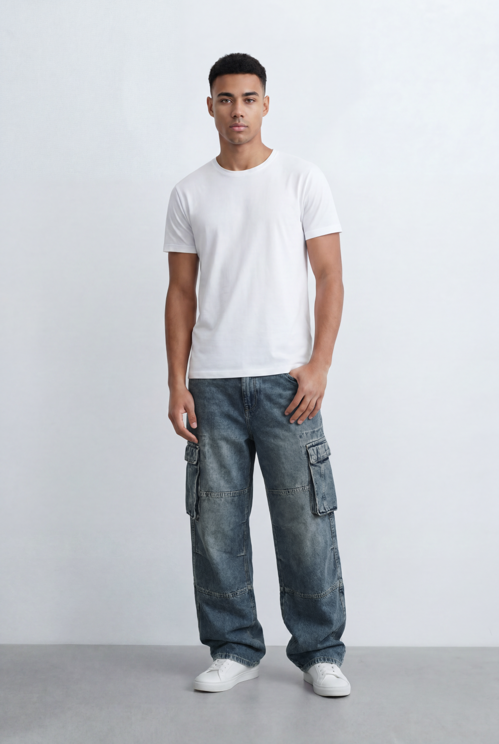 Men's Cargo Jeans Utility Pocket Details Pants