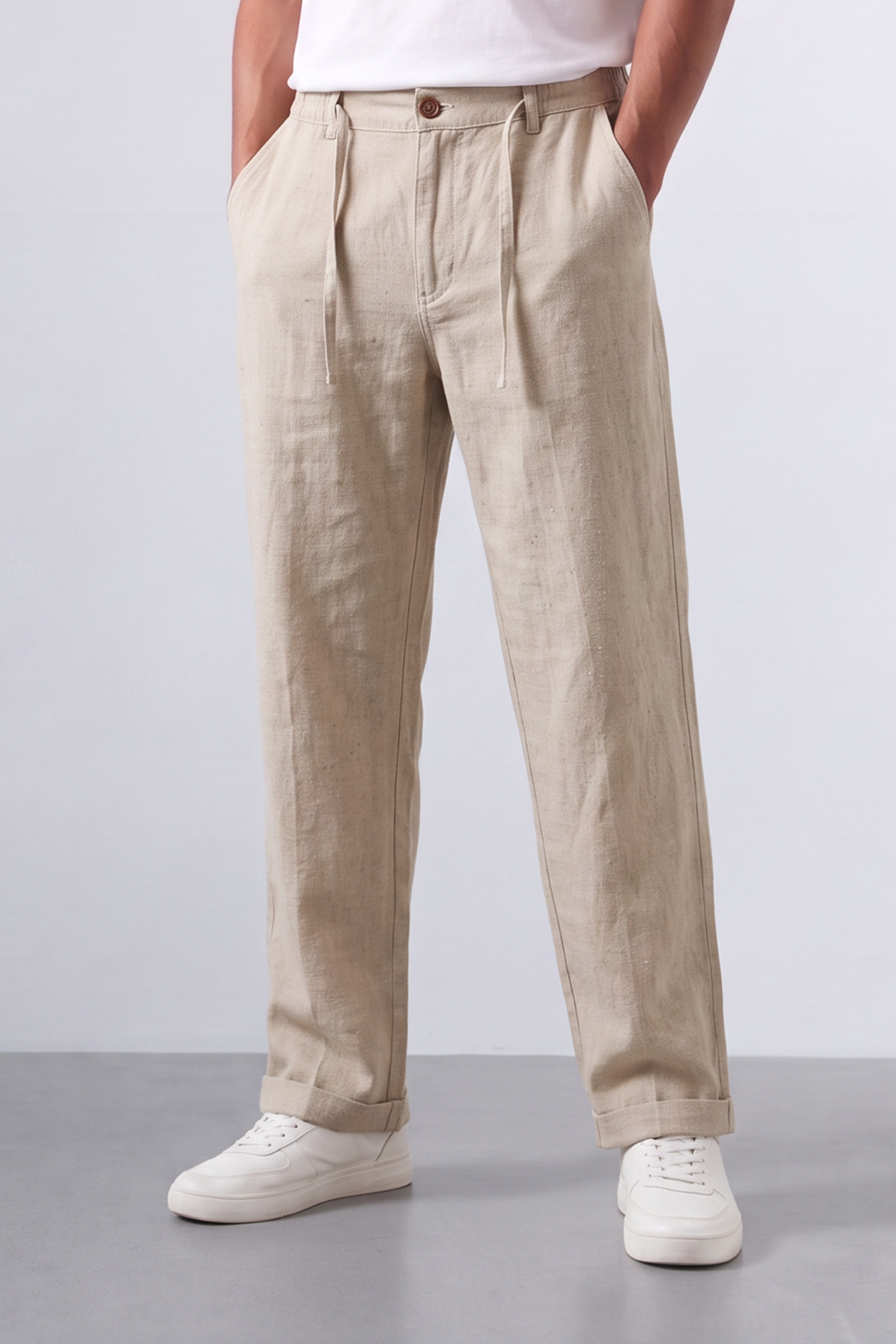 Tomatos Men's Pleated Linen Trousers with Integrated Belt