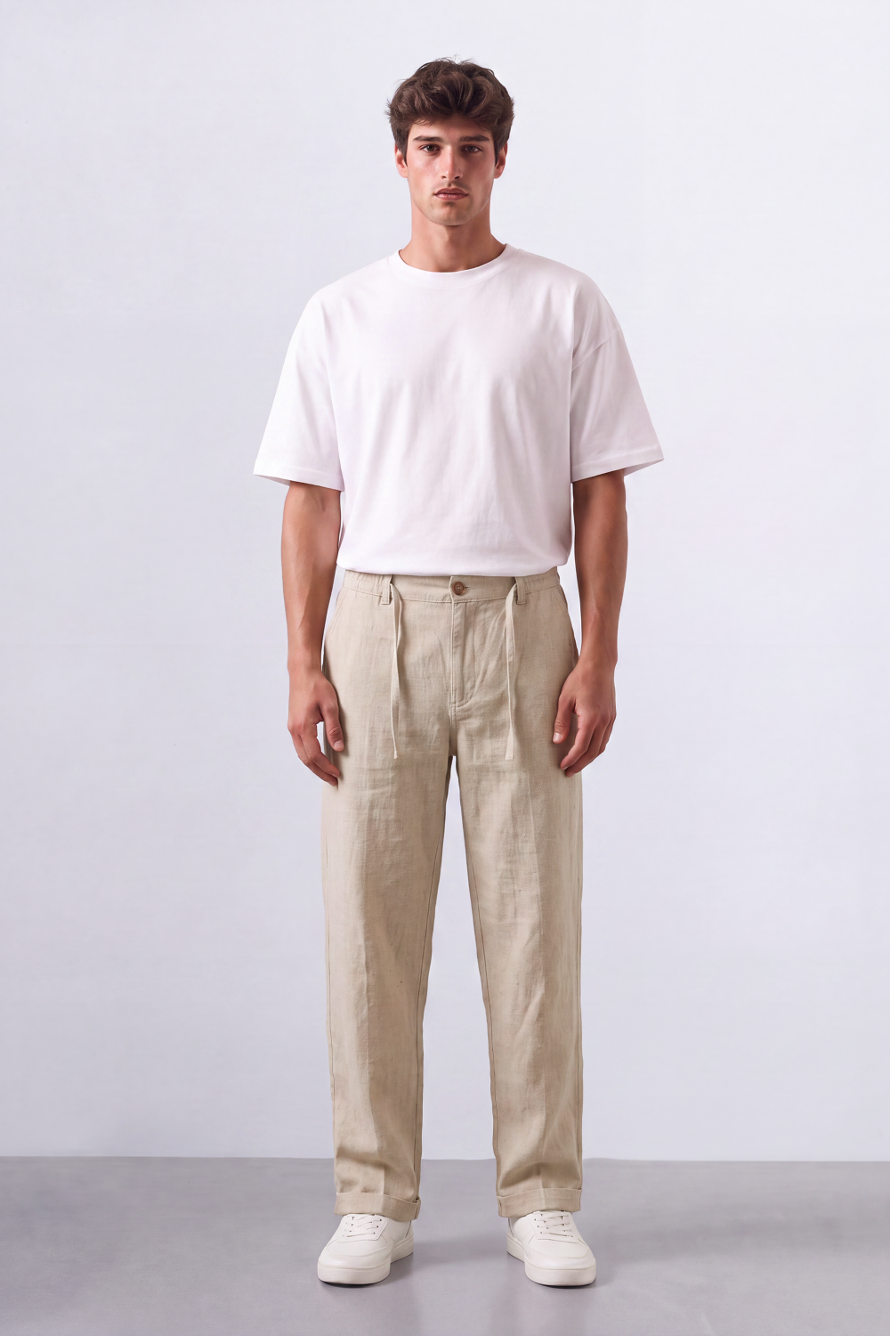 Tomatos Men's Pleated Linen Trousers with Integrated Belt