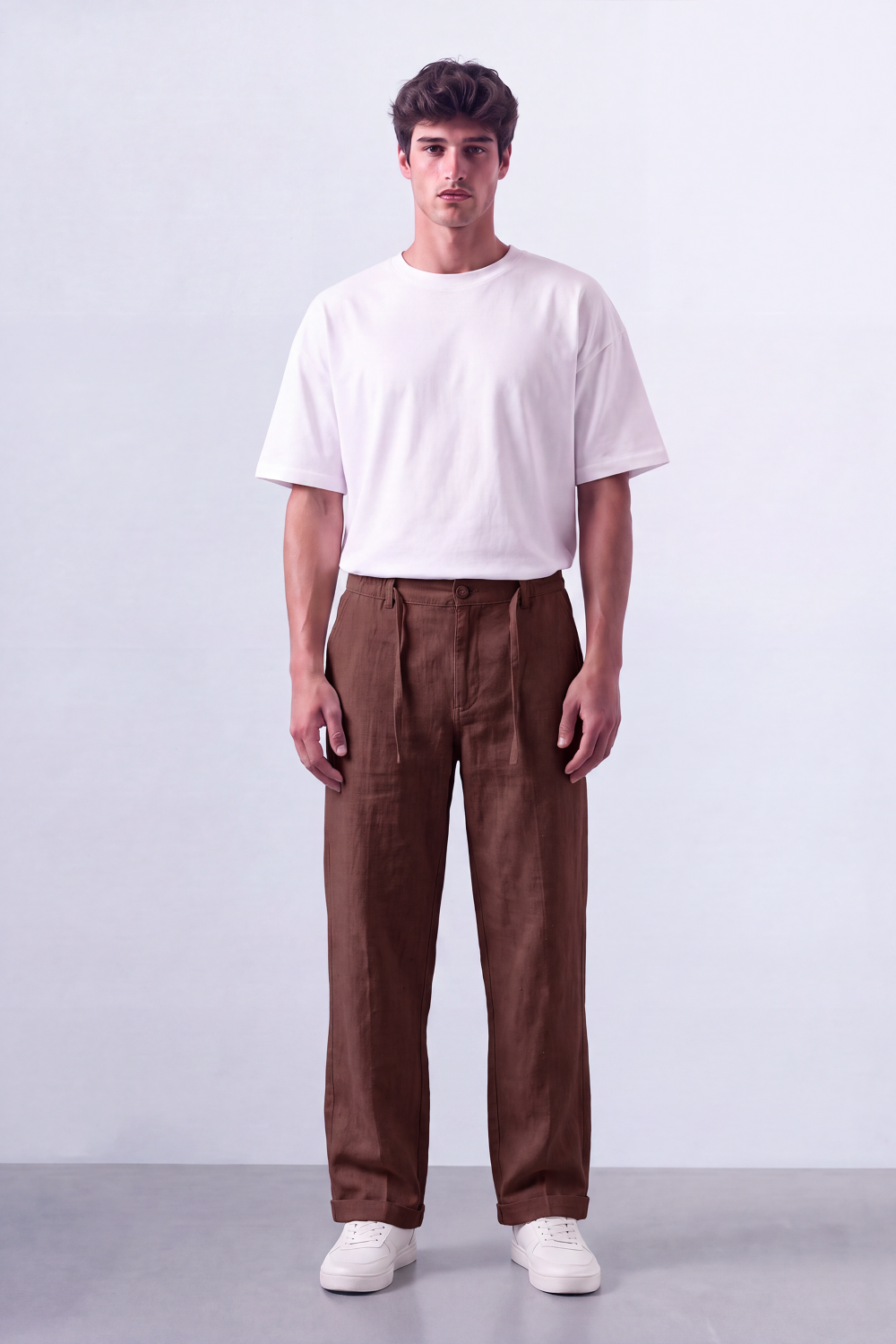Tomatos Men's Pleated Linen Trousers with Integrated Belt