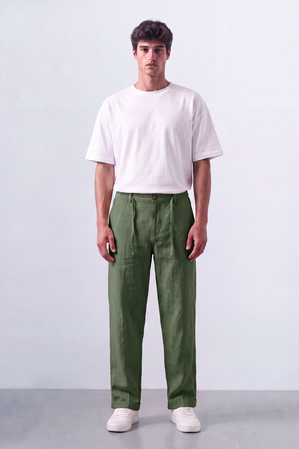 Tomatos Men's Pleated Linen Trousers with Integrated Belt
