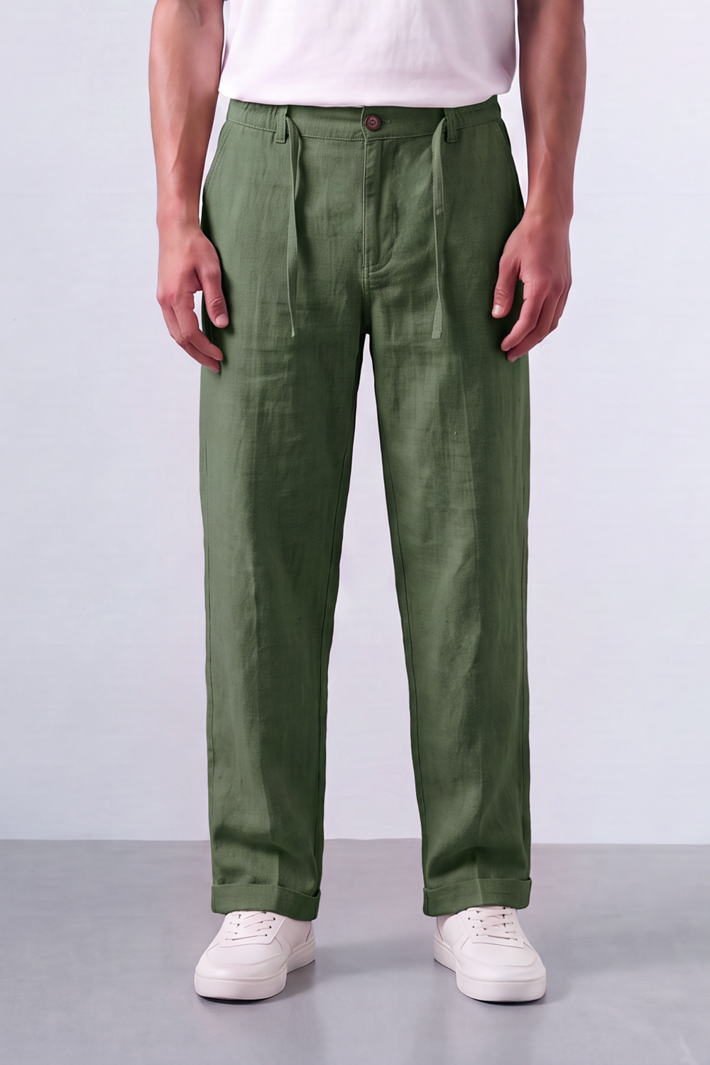 Tomatos Men's Pleated Linen Trousers with Integrated Belt