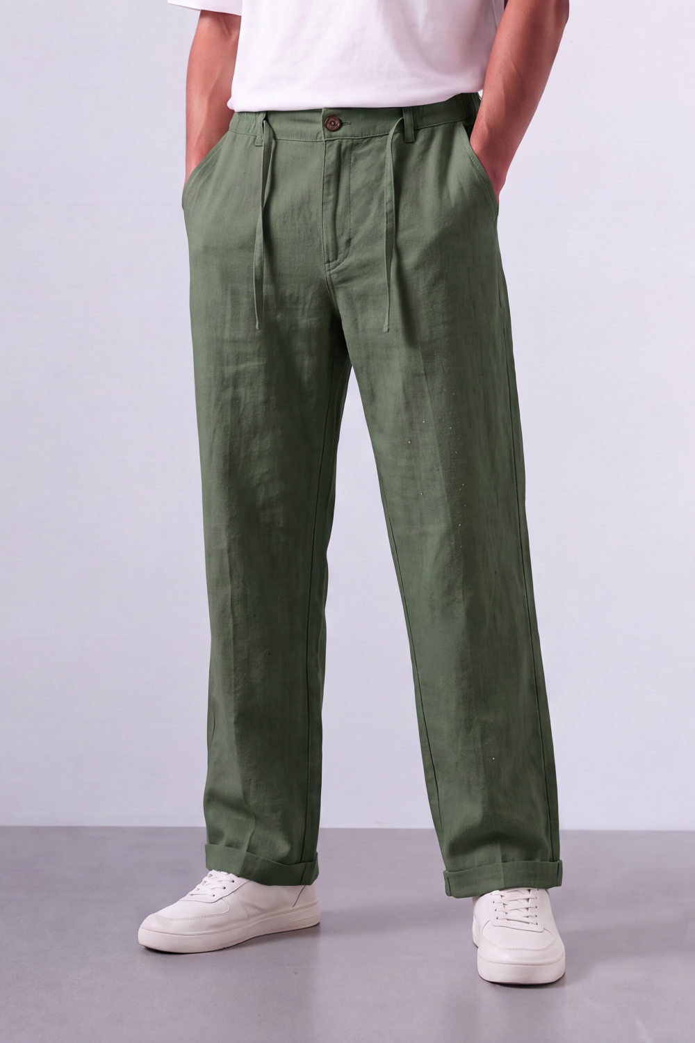 Tomatos Men's Pleated Linen Trousers with Integrated Belt