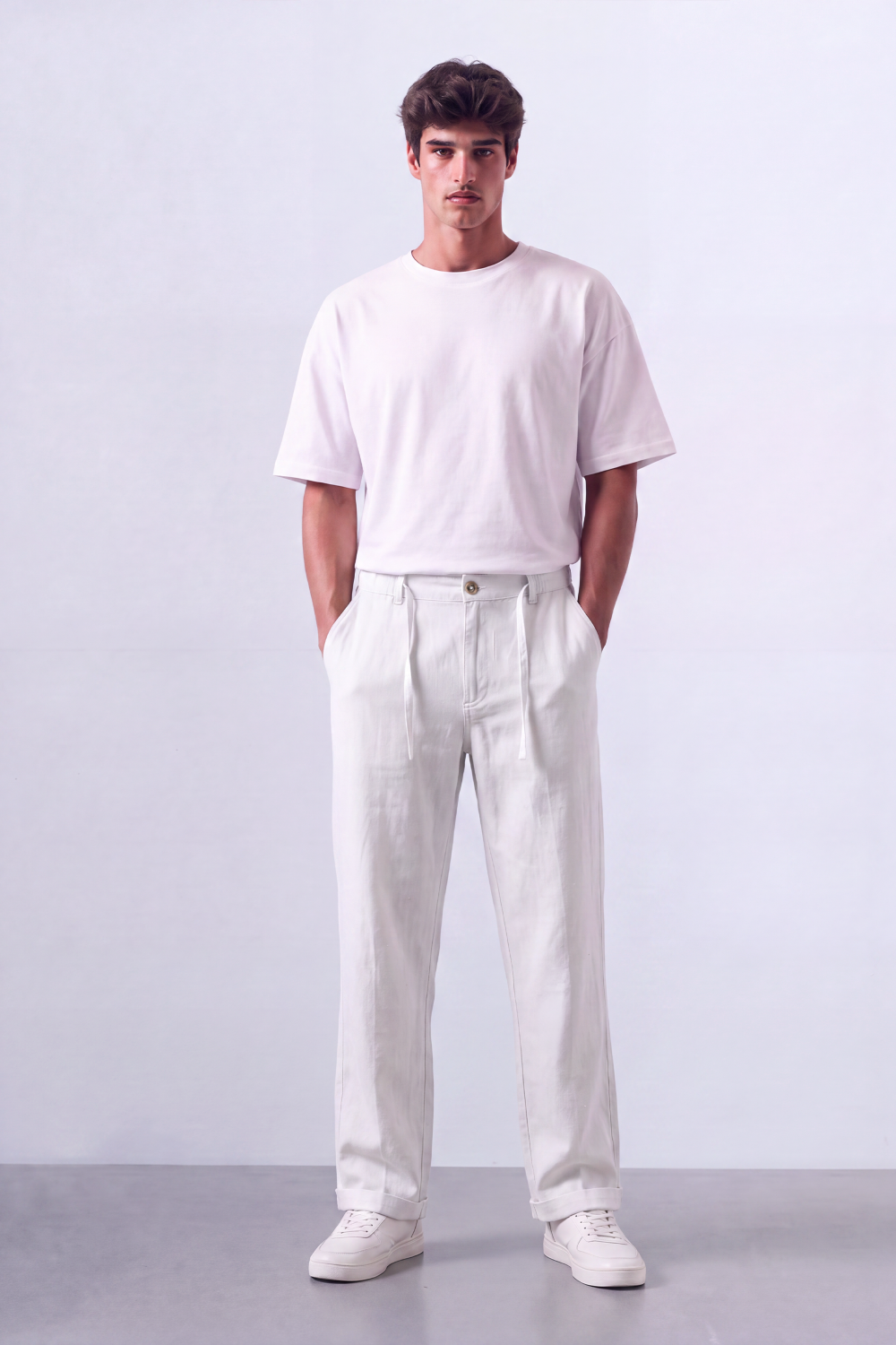 Tomatos Men's Pleated Linen Trousers with Integrated Belt