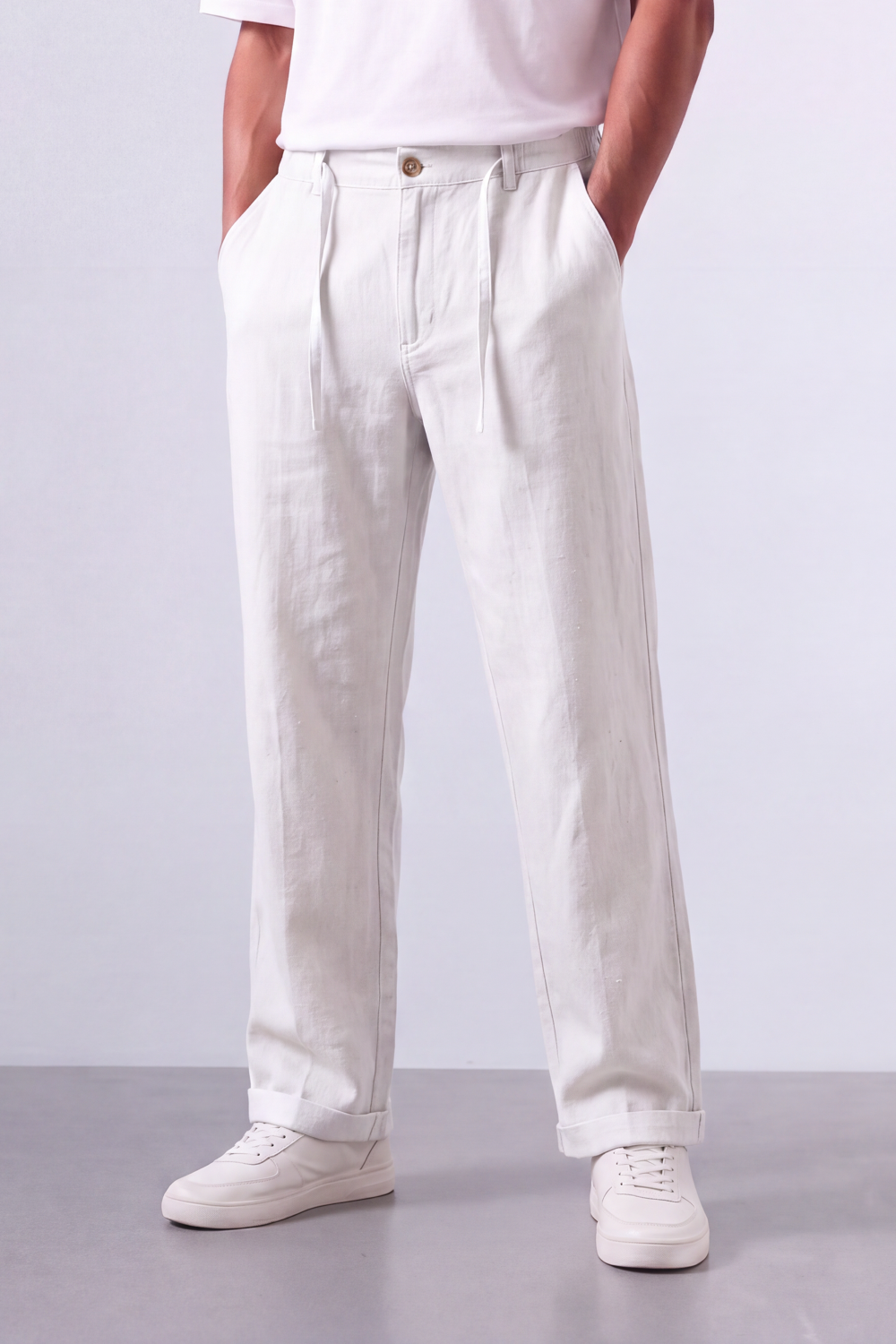 Tomatos Men's Pleated Linen Trousers with Integrated Belt