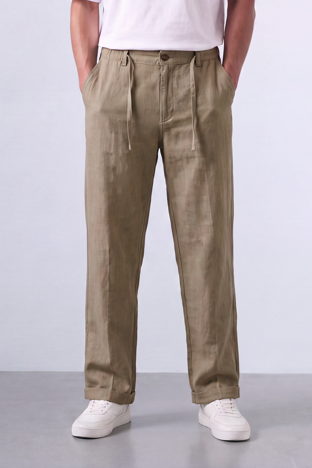 Tomatos Men's Pleated Linen Trousers with Integrated Belt
