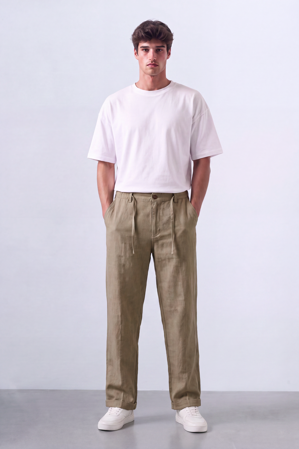 Tomatos Men's Pleated Linen Trousers with Integrated Belt