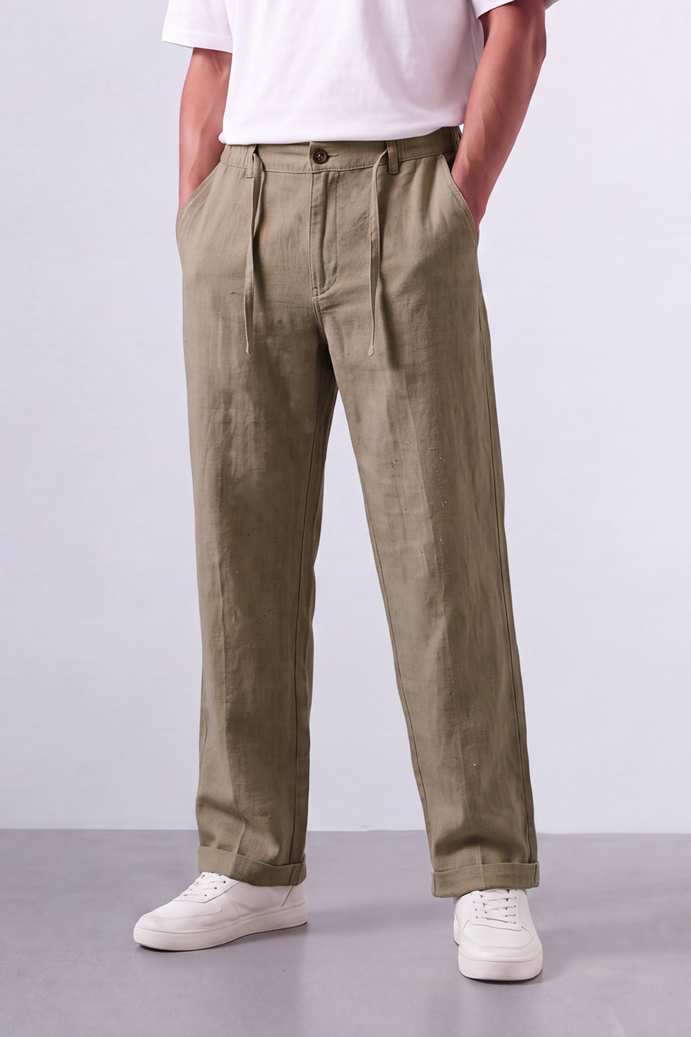 Tomatos Men's Pleated Linen Trousers with Integrated Belt